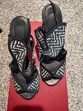 Salvatore Ferragamo Black and White Woven Ankle-Strap Stilettos